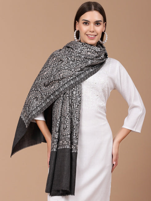Women's Greyish Black Silky Aari Embroidery Wool Shawl